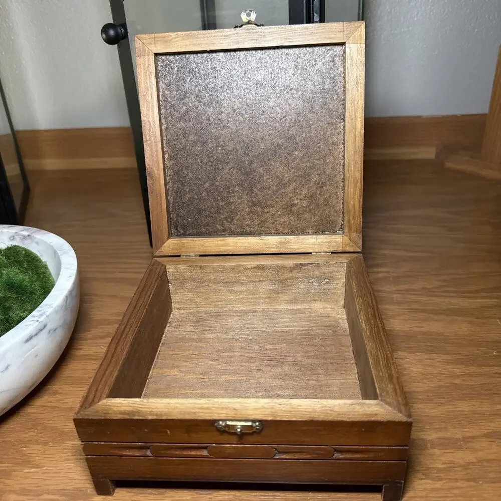 Vintage Carved Wood Tile Top Box Boho Jewelry Keepsake Rustic Decor 7x7x3.25